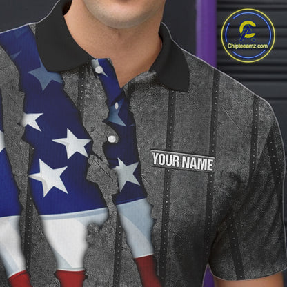 American Flag metal pattern Skull Bowling Shirts For Men Custom patriotic Bowling Team Jerseys NQS11734
