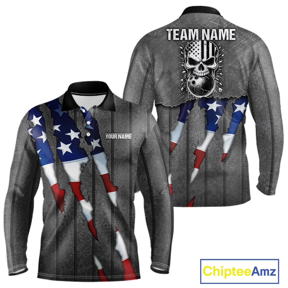American Flag metal pattern Skull Bowling Shirts For Men Custom patriotic Bowling Team Jerseys NQS11734