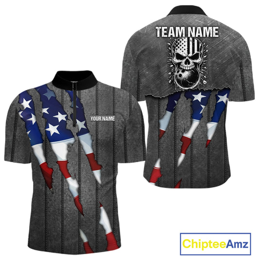 American Flag metal pattern Skull Bowling Shirts For Men Custom patriotic Bowling Team Jerseys NQS11734