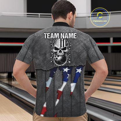 American Flag metal pattern Skull Bowling Shirts For Men Custom patriotic Bowling Team Jerseys NQS11734