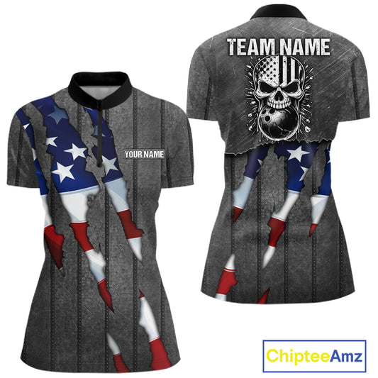 American Flag metal pattern Skull Bowling Shirts For Women Custom patriotic Bowling Team Jerseys NQS11734