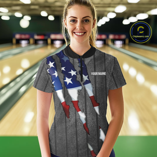 American Flag metal pattern Skull Bowling Shirts For Women Custom patriotic Bowling Team Jerseys NQS11734
