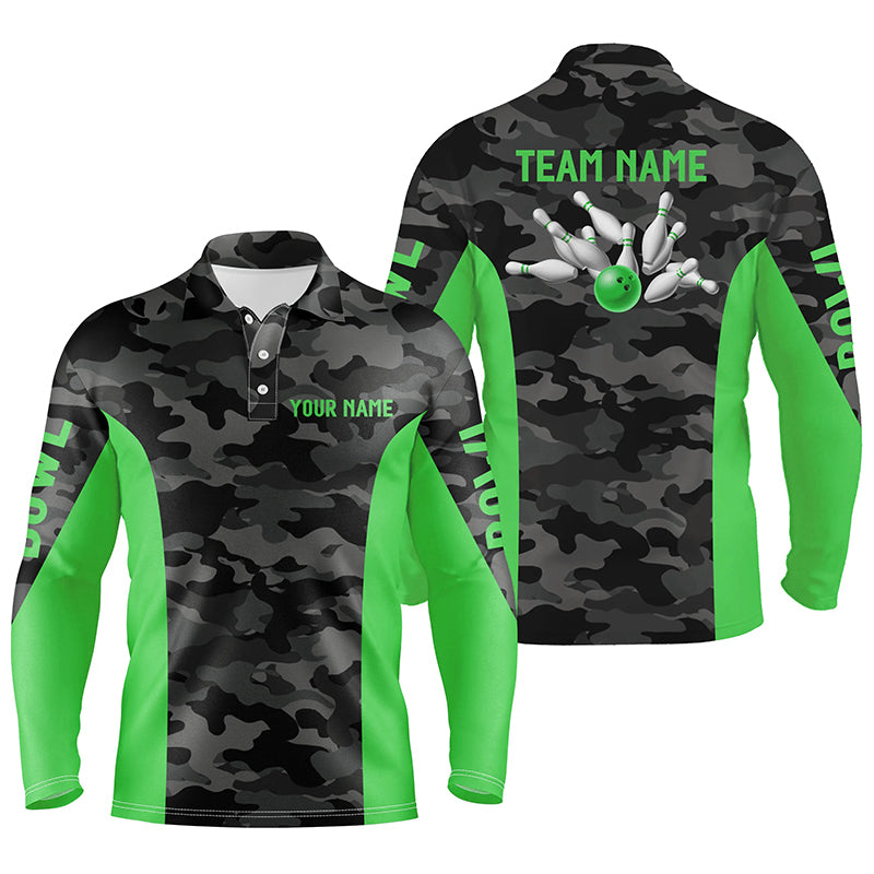 Men bowling Polo, Quarter Zip shirts Custom gray camo Bowling Team League Jerseys | Green NQS7605