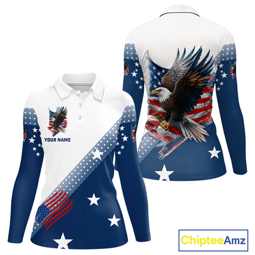 Red, White and Blue American Flag Eagle Custom Women golf polo shirt, patriotic ladies golf outfit NQS10104