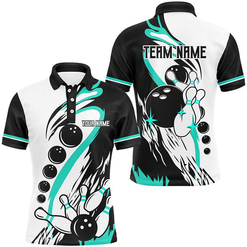 Black and white retro bowling league jerseys custom Men Bowling Shirts, gifts for bowlers | Turquoise NQS8229