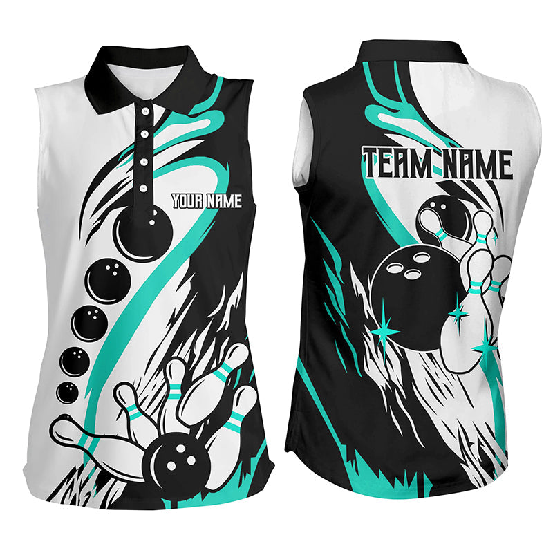 Black and white retro bowling league jersey custom Women sleeveless polo Shirt, bowler gift| Turquoise NQS8229
