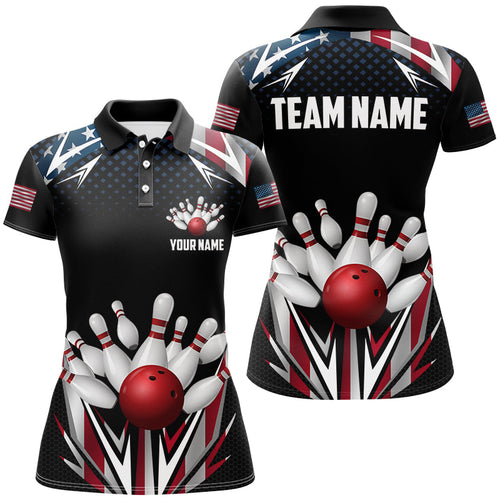 American flag Bowling Polo, Quarter zip shirts For Women Custom patriotic bowling team jerseys outfits NQS8689