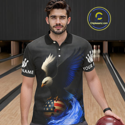 Black and White Eagle Blue Flame American Flag Bowling Shirt For Men Custom Team Bowling Jersey NQS10857