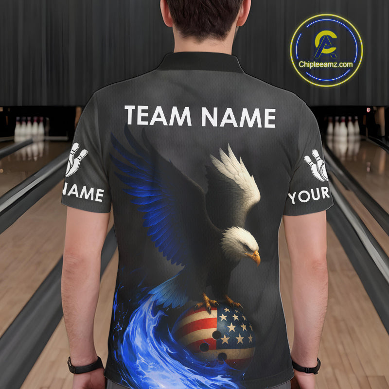 Black and White Eagle Blue Flame American Flag Bowling Shirt For Men Custom Team Bowling Jersey NQS10857