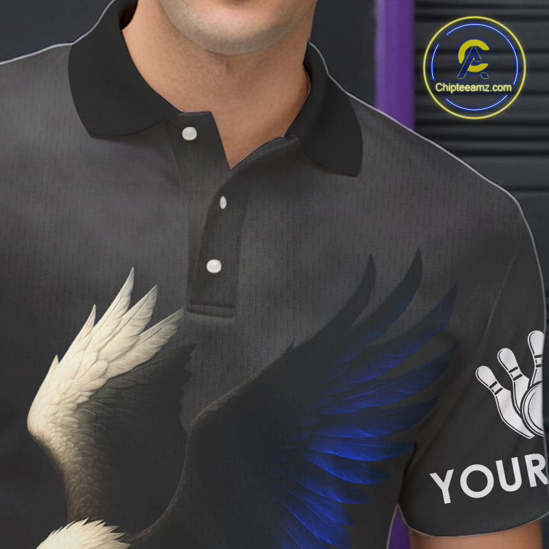 Black and White Eagle Blue Flame American Flag Bowling Shirt For Men Custom Team Bowling Jersey NQS10857
