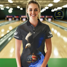 Load image into Gallery viewer, Black and White Eagle Blue Flame American Flag Bowling Shirt For Women Custom Team Bowling Jersey NQS10857