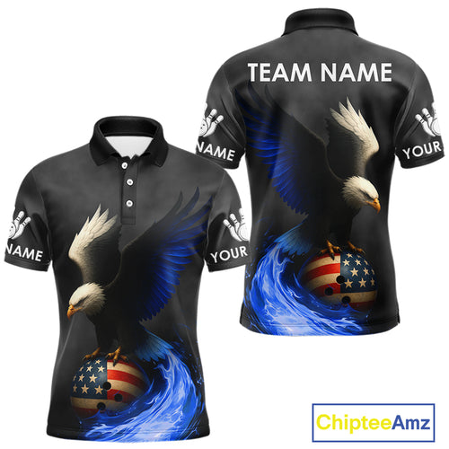Black and White Eagle Blue Flame American Flag Bowling Shirt For Men Custom Team Bowling Jersey NQS10857
