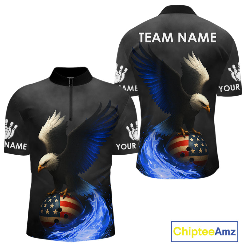 Black and White Eagle Blue Flame American Flag Bowling Shirt For Men Custom Team Bowling Jersey NQS10857