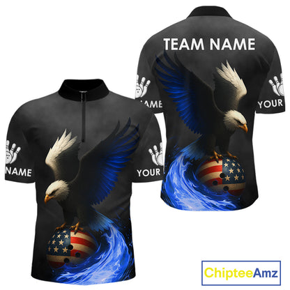 Black and White Eagle Blue Flame American Flag Bowling Shirt For Men Custom Team Bowling Jersey NQS10857