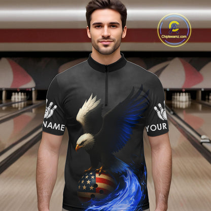 Black and White Eagle Blue Flame American Flag Bowling Shirt For Men Custom Team Bowling Jersey NQS10857