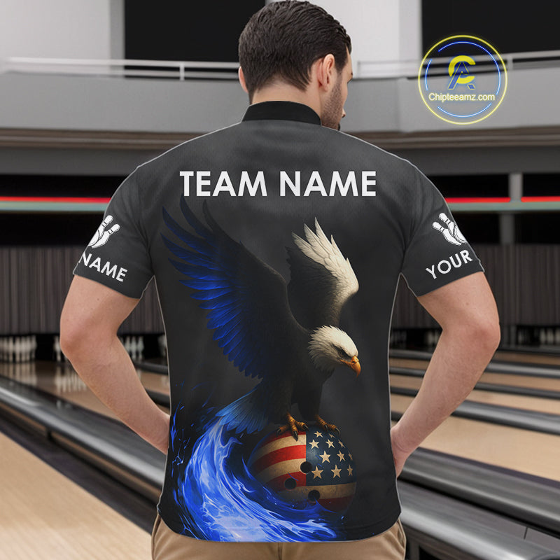 Black and White Eagle Blue Flame American Flag Bowling Shirt For Men Custom Team Bowling Jersey NQS10857