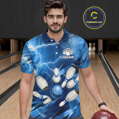 Blue Lightning Thunder Bowling Shirts For Men Custom Bowling Team League Jersey, Gift For Bowlers NQS10860