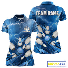 Load image into Gallery viewer, Blue Lightning Thunder Bowling Shirts For Women Custom Bowling Team League Jersey, Gift For Bowlers NQS10860