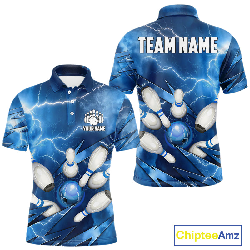 Blue Lightning Thunder Bowling Shirts For Men Custom Bowling Team League Jersey, Gift For Bowlers NQS10860