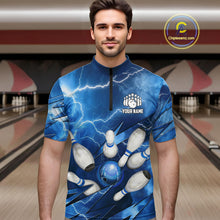 Load image into Gallery viewer, Blue Lightning Thunder Bowling Shirts For Men Custom Bowling Team League Jersey, Gift For Bowlers NQS10860