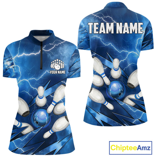 Blue Lightning Thunder Bowling Shirts For Women Custom Bowling Team League Jersey, Gift For Bowlers NQS10860