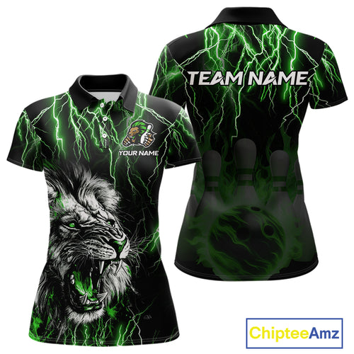 Black and Green Lightning Thunder Lion Bowling Shirt For Women Custom Lion Bowling Team Jerseys NQS11044