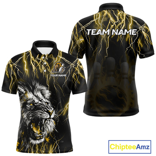 Black and Yellow Lightning Thunder Lion Bowling Shirt For Men Custom Lion Bowling Team Jerseys NQS11045