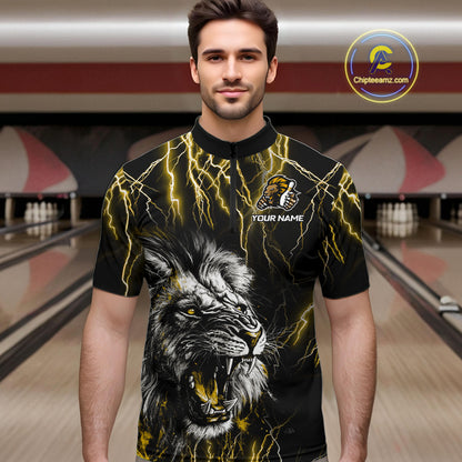 Black and Yellow Lightning Thunder Lion Bowling Shirt For Men Custom Lion Bowling Team Jerseys NQS11045