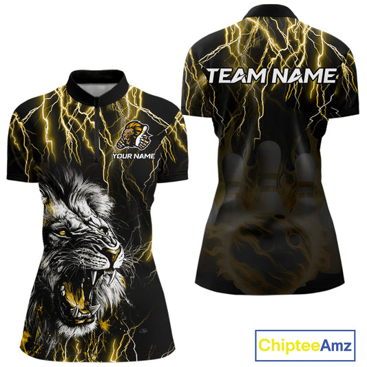 Black and Yellow Lightning Thunder Lion Bowling Shirt For Women Custom Lion Bowling Team Jerseys NQS11045