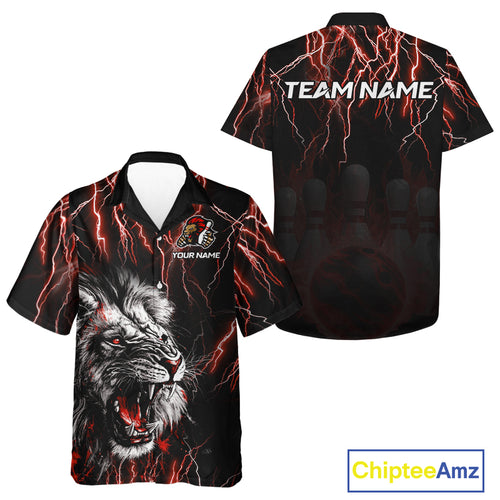 Black & Red Lightning Thunder Lion Bowling Hawaiian Shirt Custom Lion Bowling Team Button up Shirt NQS11046