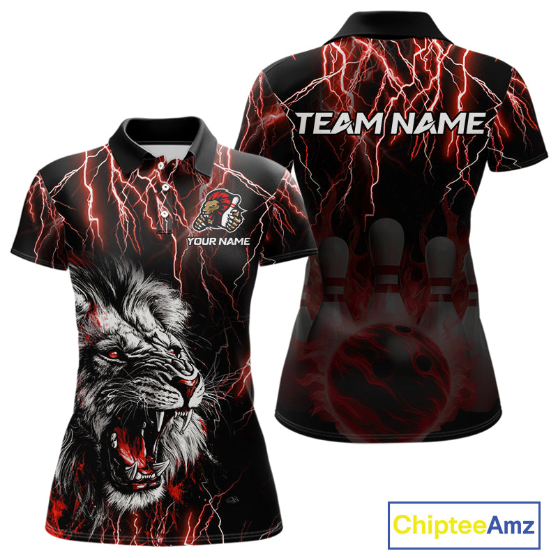 Black and Red Lightning Thunder Lion Bowling Shirt For Women Custom Lion Bowling Team Jerseys NQS11046