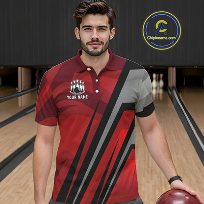 Red Camo Flame Bowling Polo, Quarter Zip Shirts For Men Custom Team Jerseys bowling outfits for men NQS11048