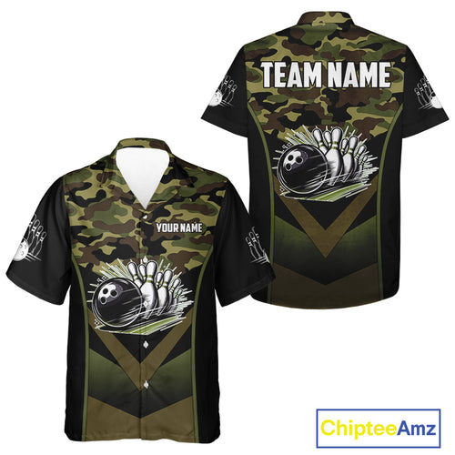 Black green camo Hawaiian bowling shirts Custom bowling team league jerseys NQS11050