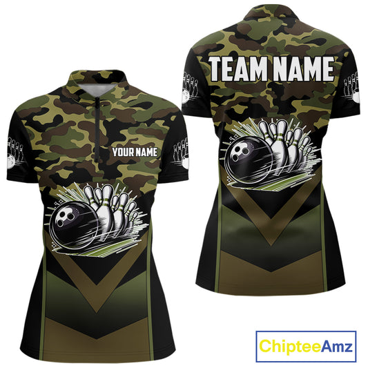Black green camo Womens polo, quarter Zip bowling shirts Custom bowling team league jerseys NQS11050