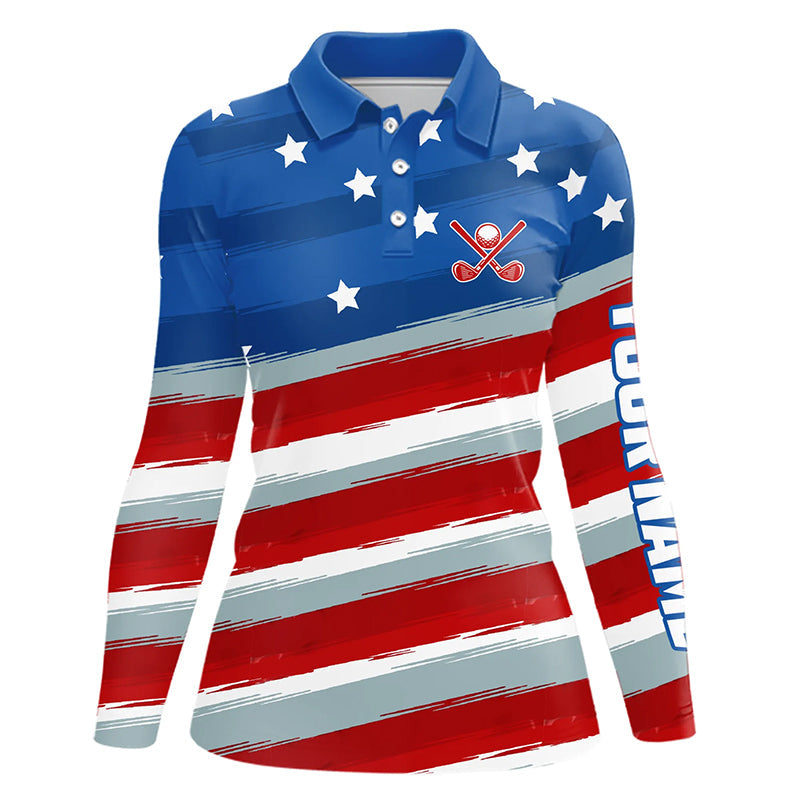 Red, White and Blue American Flag Womens Golf Polo Shirts custom patriotic golf tops for ladies NQS9166