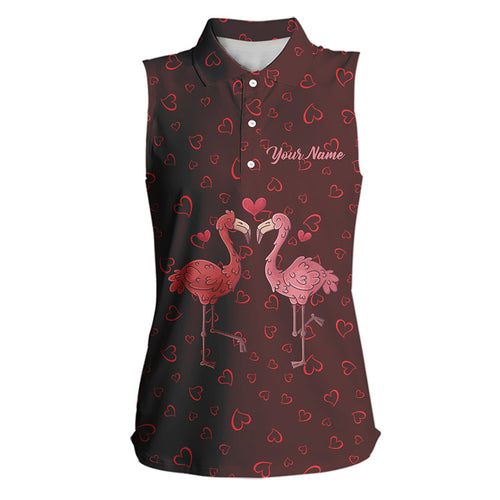 Funny Flamingo red heart pattern Women sleeveless polo shirt custom Valentine golf tops gifts for her NQS9366