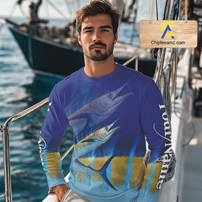 Personalized Marlin fishing scales blue sun protection fishing shirts, Custom Marlin fishing jerseys NQS11436