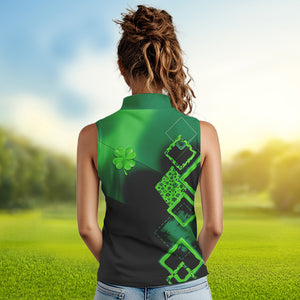 Women Sleeveless polo shirt custom name green clover St Patrick day golf shirts, golfing gifts | Black NQS9514