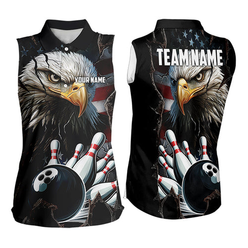 Personalized Eagle American flag Bowling Sleeveless Polo Shirt Custom Patriotic Bowling League Jersey NQS9520
