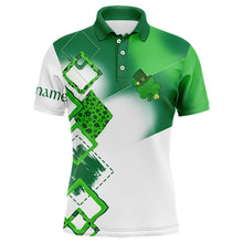 Load image into Gallery viewer, Mens golf polo shirt custom name white and green shamrock St Patrick day golf shirts, golfing gifts NQS9676