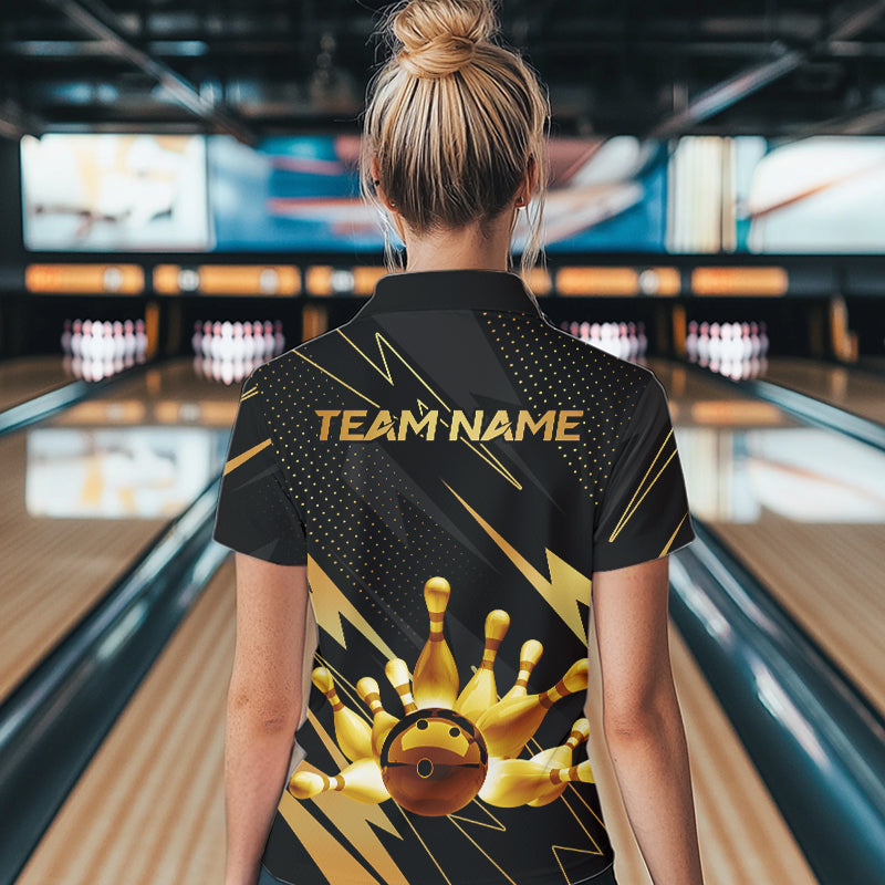 Custom Black and Gold Bowling Polo, Quarter Zip Shirts for Women, Team Bowling League Jersey NQS9682