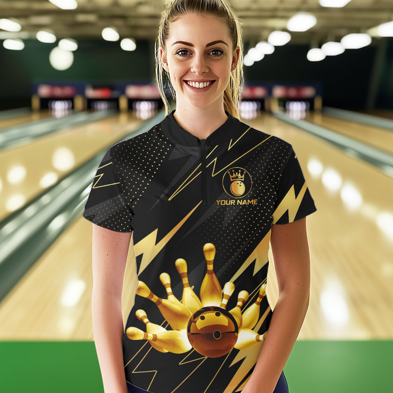 Custom Black and Gold Bowling Polo, Quarter Zip Shirts for Women, Team Bowling League Jersey NQS9682