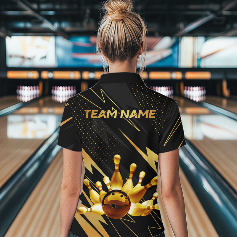 Custom Black and Gold Bowling Polo, Quarter Zip Shirts for Women, Team Bowling League Jersey NQS9682
