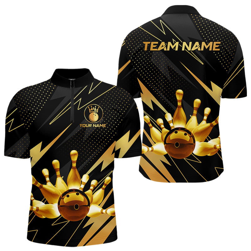 Custom Black and Gold Bowling Polo, Quarter Zip Shirts for Men, Team Bowling League Jersey NQS9682