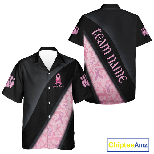 Black and Pink Ribbon Breast cancer Bowling Hawaiian shirt Custom Bowling Team Button up shirt NQS9961