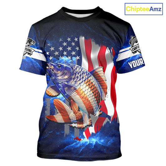 Carp Fishing blue galaxy 3D American Flag patriotic Customize name All over print fishing shirts NQS449