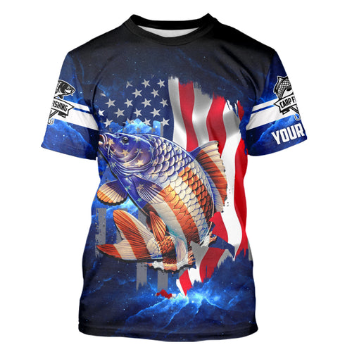 Carp Fishing blue galaxy 3D American Flag patriotic Customize name All over print fishing shirts NQS449