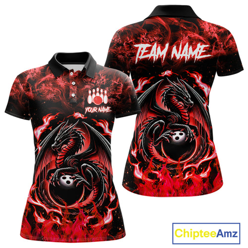 Black and Red Flame Dragon bowling shirts for Women Custom Bowling Team Jersey, gift for Bowler NQS10245