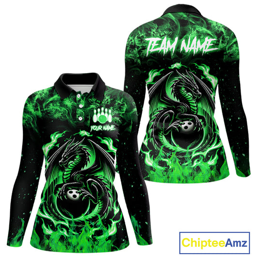 Black and Green Flame Dragon bowling shirts for Women Custom Bowling Team Jersey, gift for Bowler NQS10246
