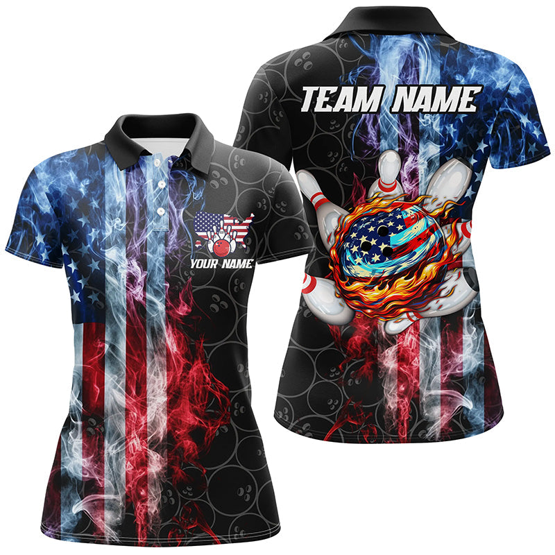 Smoke American Flag Flame Bowling camo Custom Patriotic Bowling Shirts For Women, Bowling Team Jerseys NQS8241